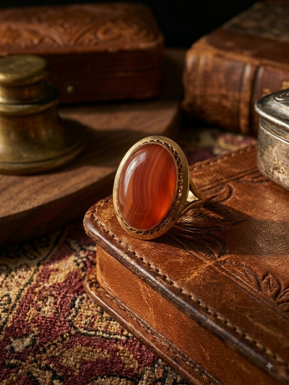Vintage K18 18k Gold Carnelian Statement Ring Size 8